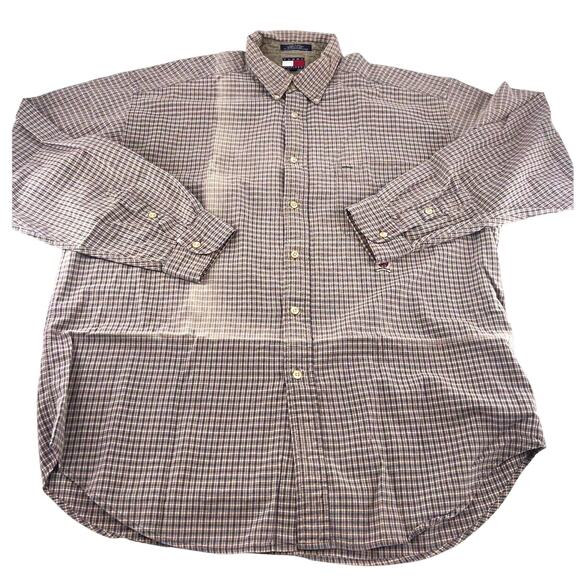 Tommy Hilfiger Shirt Mens Extra Large Brown Checkered Button Up Career Business - Picture 1 of 11